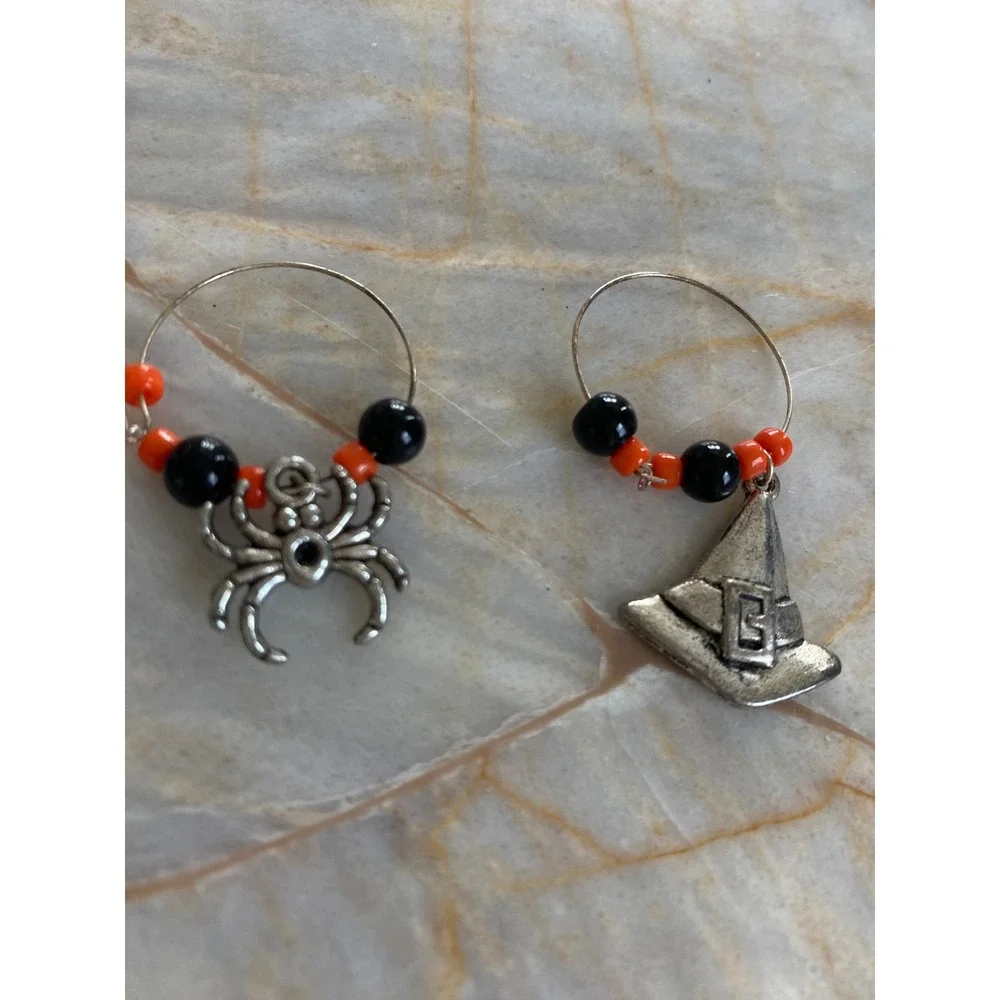 Halloween Wine Glass Charms Set 7pc Skull Ghost Cat Pumpkin Spider Witch Hat